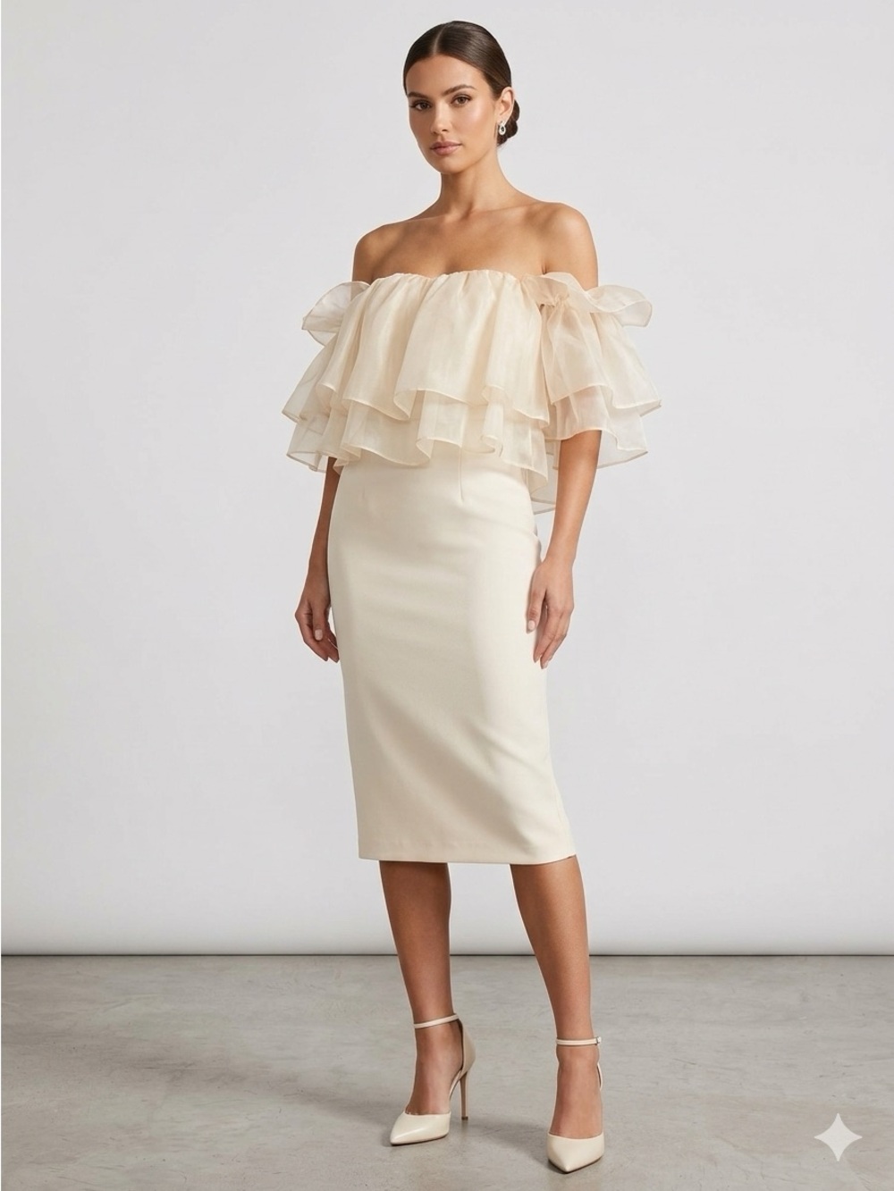 MABEL Soft Cream Fabric. Off shoulder ruffle top. Stunning material!